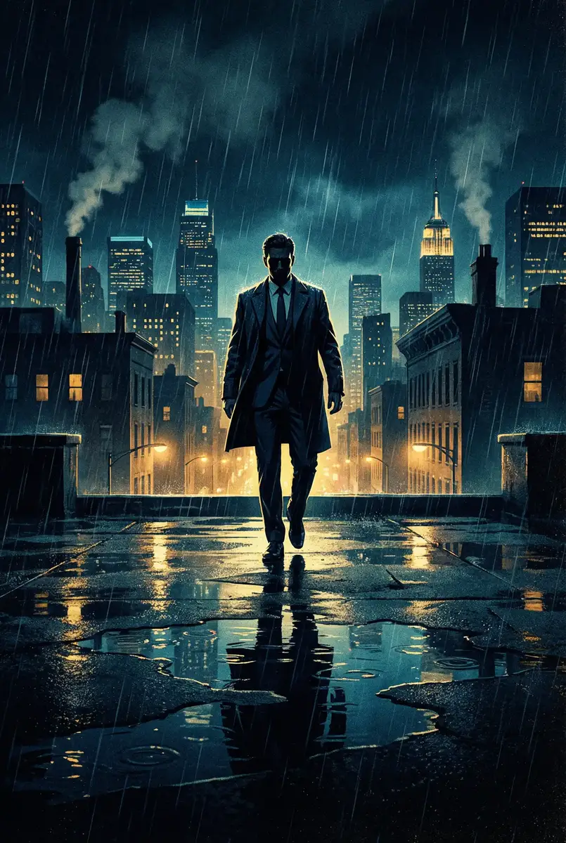 这几天没C你了是不是SB痒了 出品影片《雨夜独行者》海报，雨中城市屋顶男性剪影